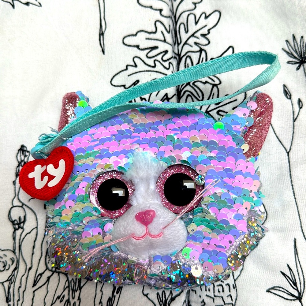 👛 Ty Beanie Boos Whimsy Kitty Cat Holographic Flip Sequins Zip Coin Purse